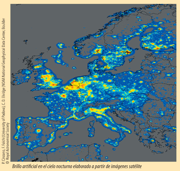 Imagen de una ilustración de brillo artificial en el cielo nocturno elaborado a partir de imágenes satélite