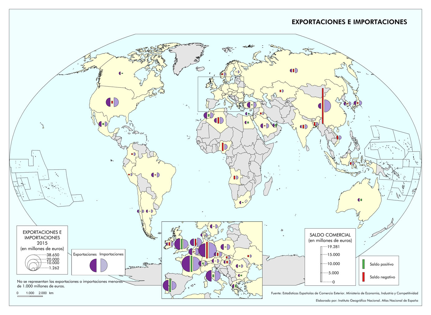 Imagen del mapa de exportaciones e importaciones en el mundo. 2015