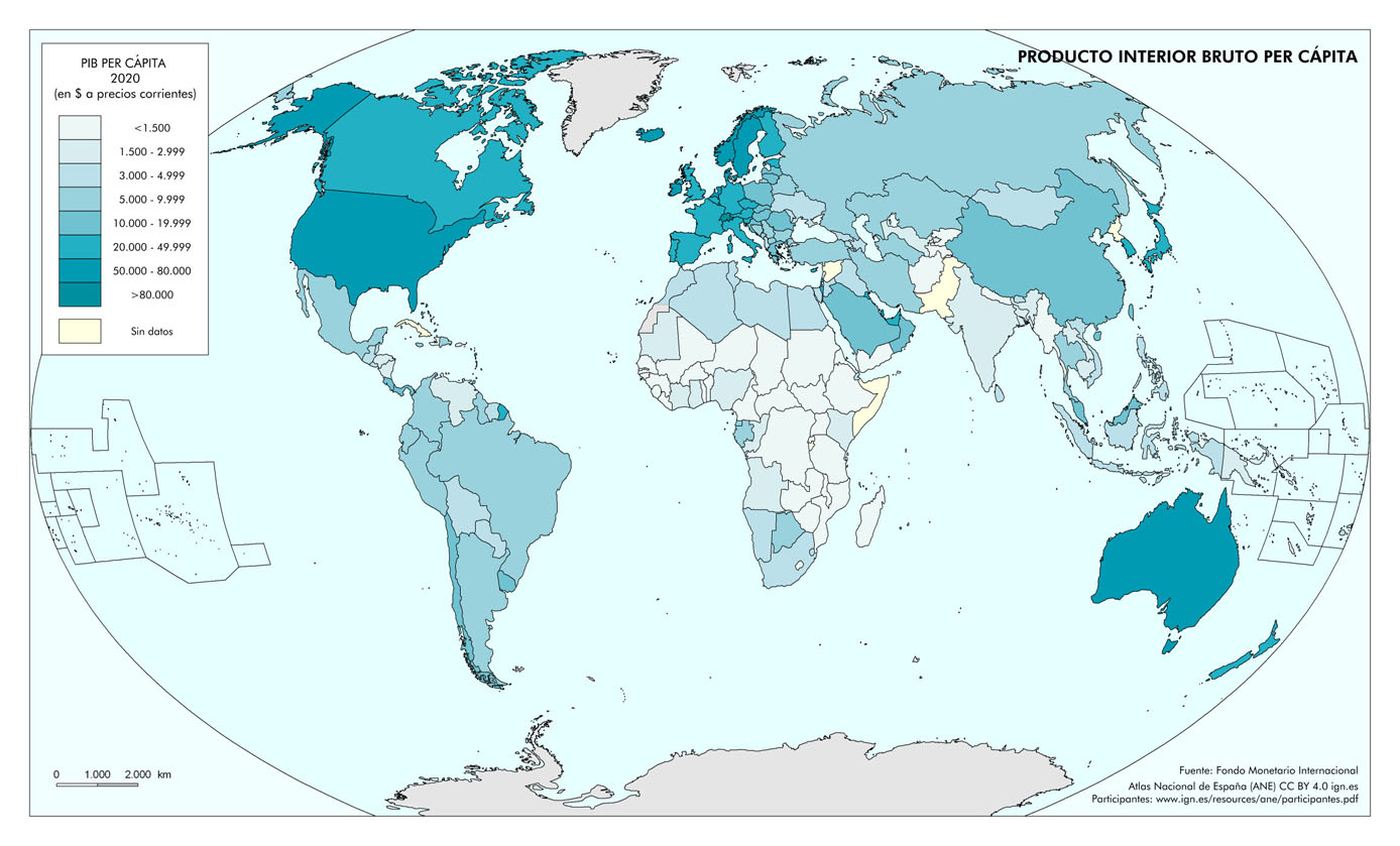 Imagen del mapa del Producto Interior Bruto per cápita en el mundo. 2020
