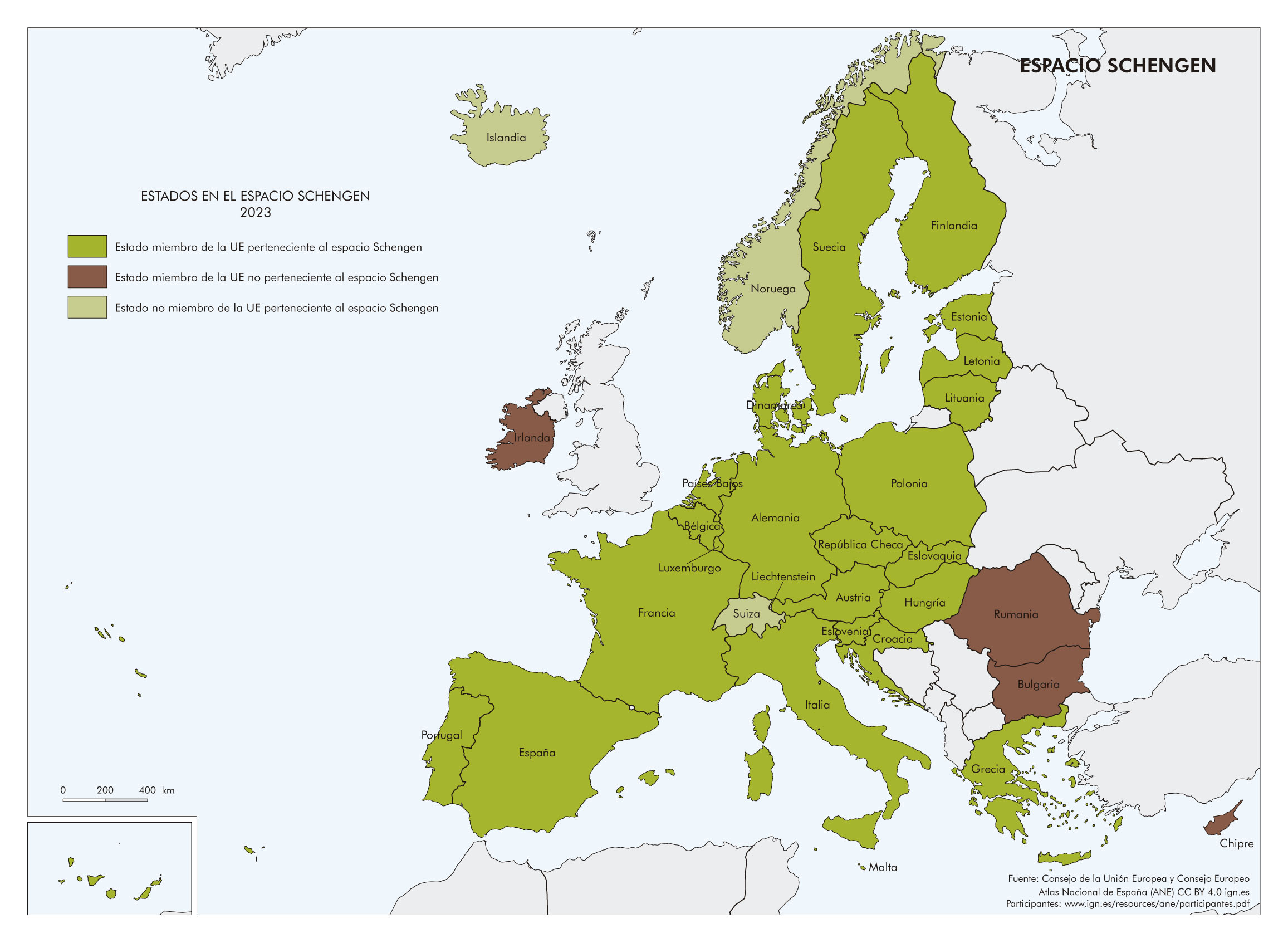Imagen del mapa de espacio Schengen. 2023