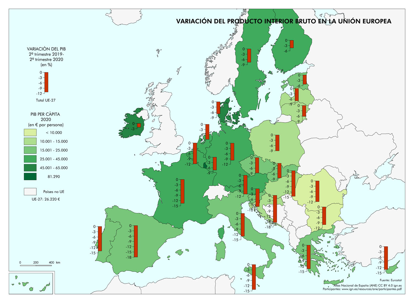 Mapa de variación del Producto Interior Bruto en la Unión Europea. 2019-2020