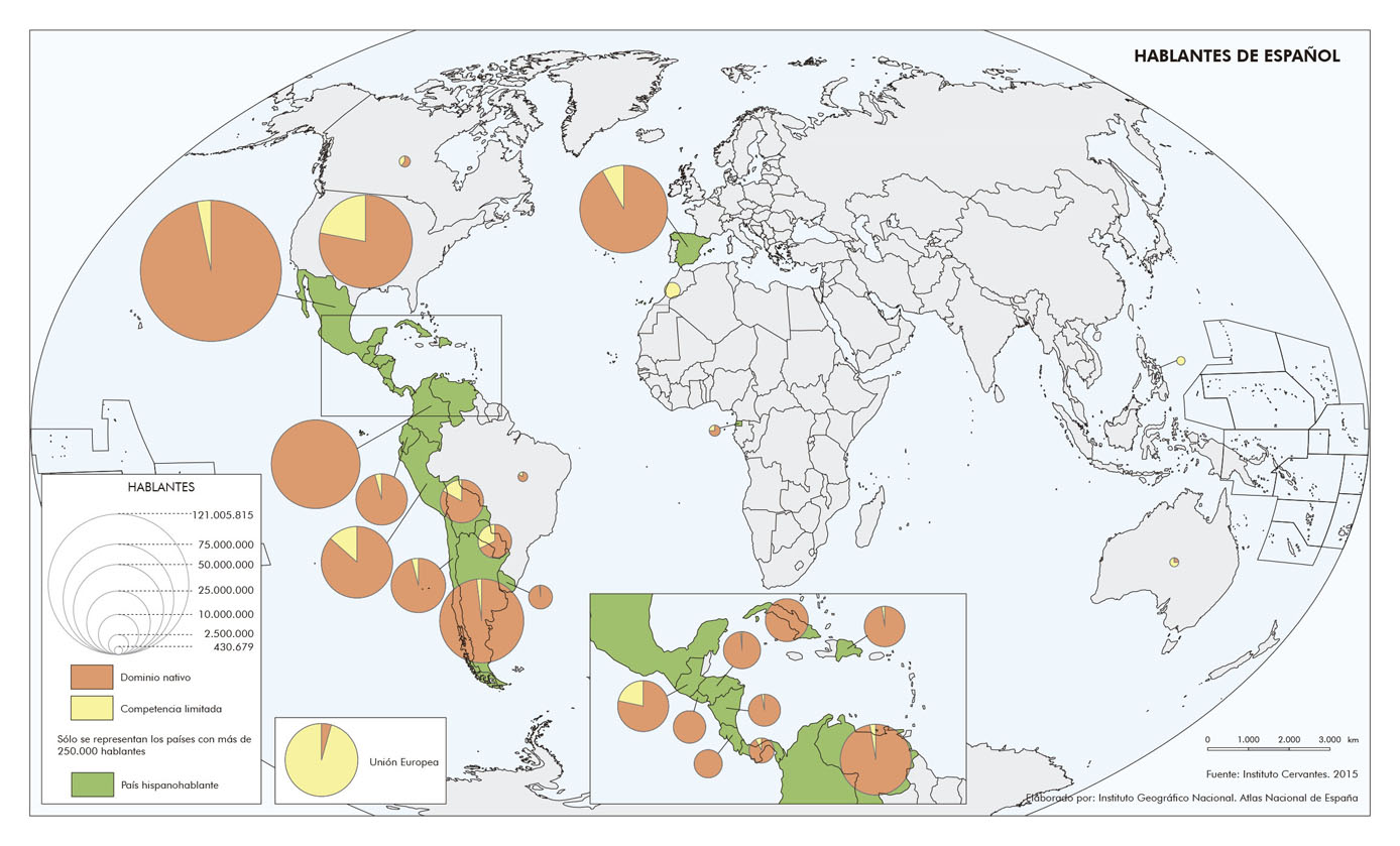 Imagen del mapa de hablantes de español. 2015. Mundo
